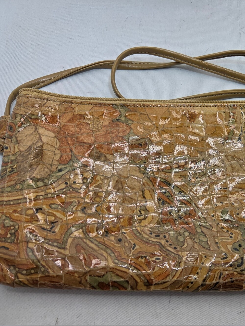 Vintage PINKY Leather Crossbody Bag Paisley Croc Embossed Made in USA Tan 80's